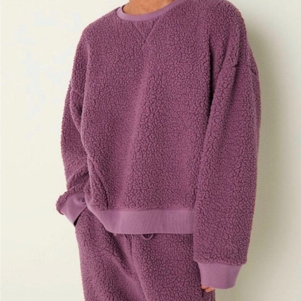 PINK VICTORIA'S SECRET MAUVE SHERPA TEDDY BEAR  PULLOVER SWEATSHIRT S